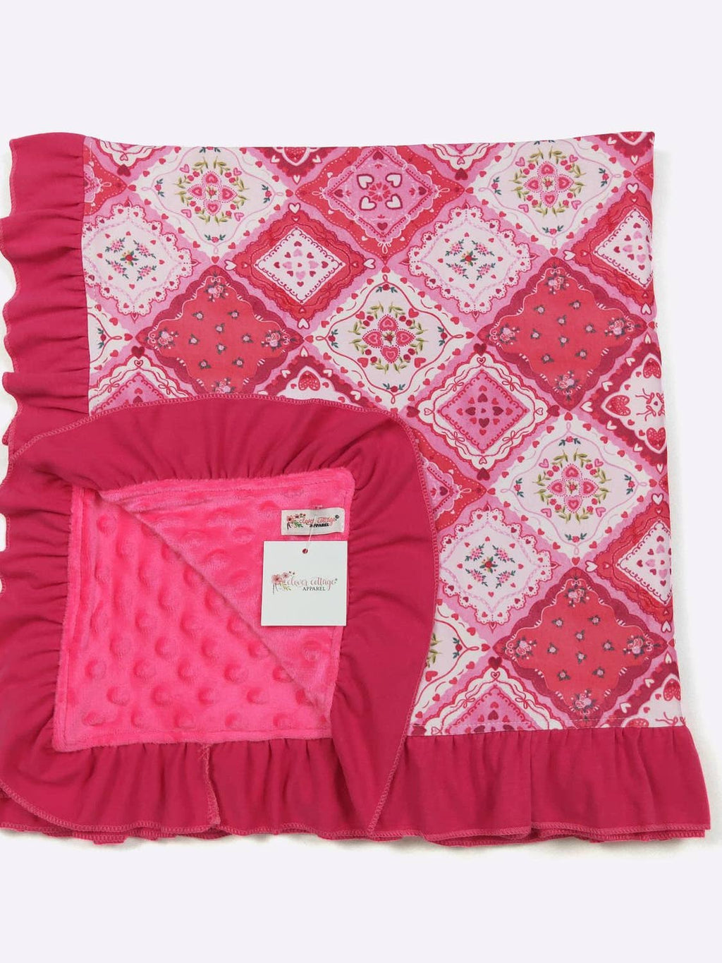 Pink baby blanket with patterned design on a white background