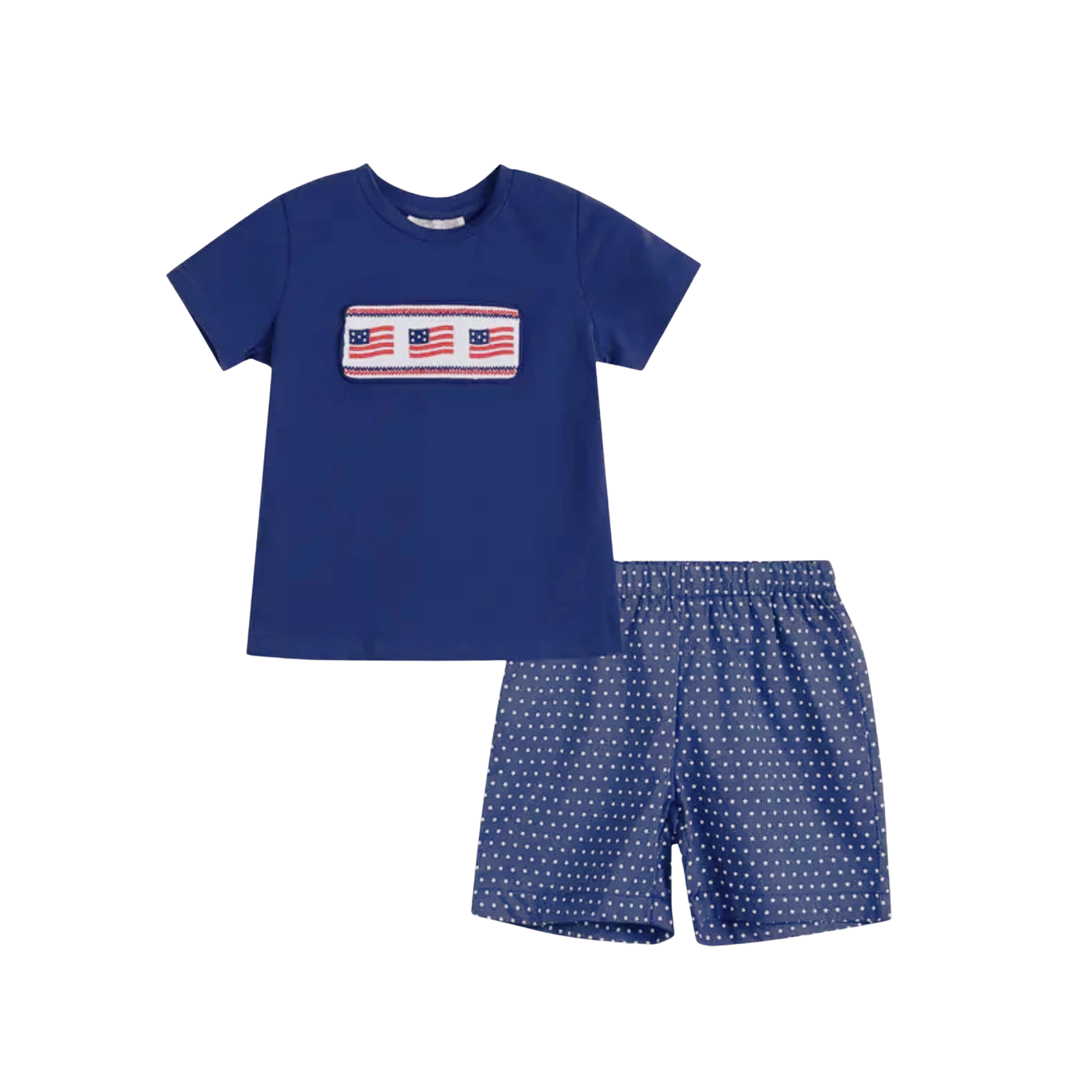 Children's blue t-shirt with flag design and matching shorts on a white background