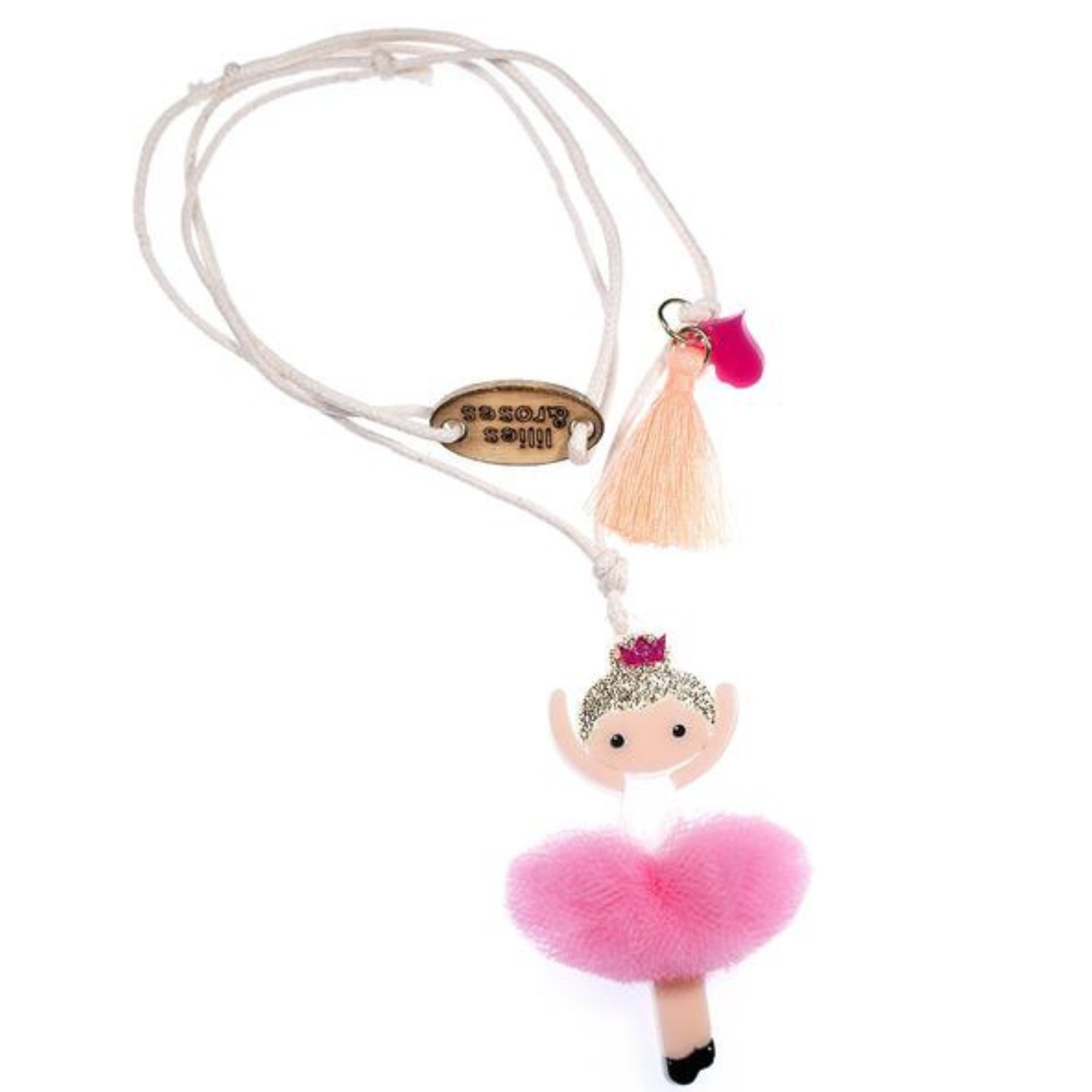Necklace with a ballerina charm on a white background