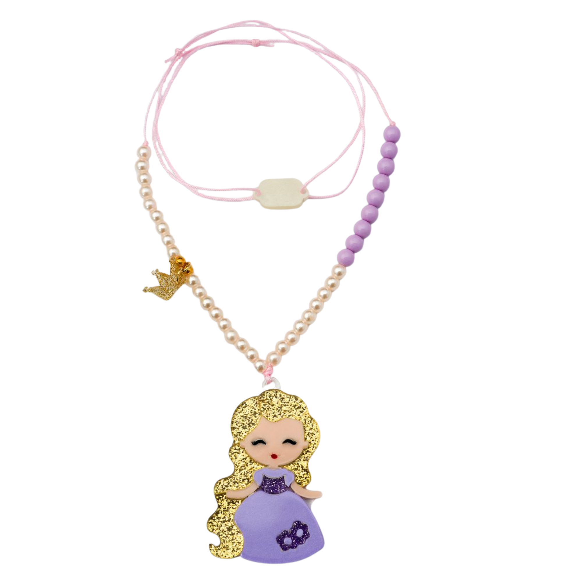 Necklace with a Rapunzel pendant and pink and purple beads on a white background
