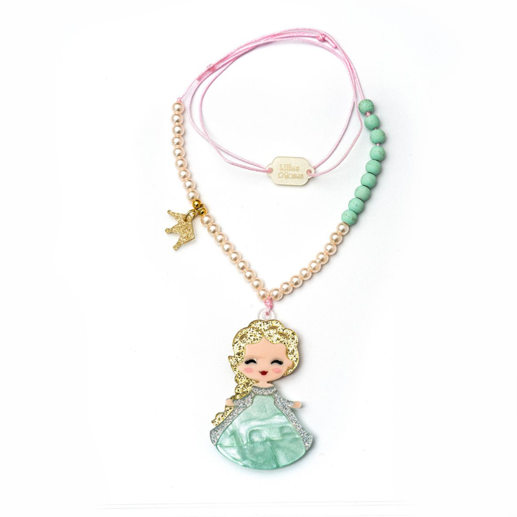 Necklace with an Elsa pendant and colorful beads on a white background