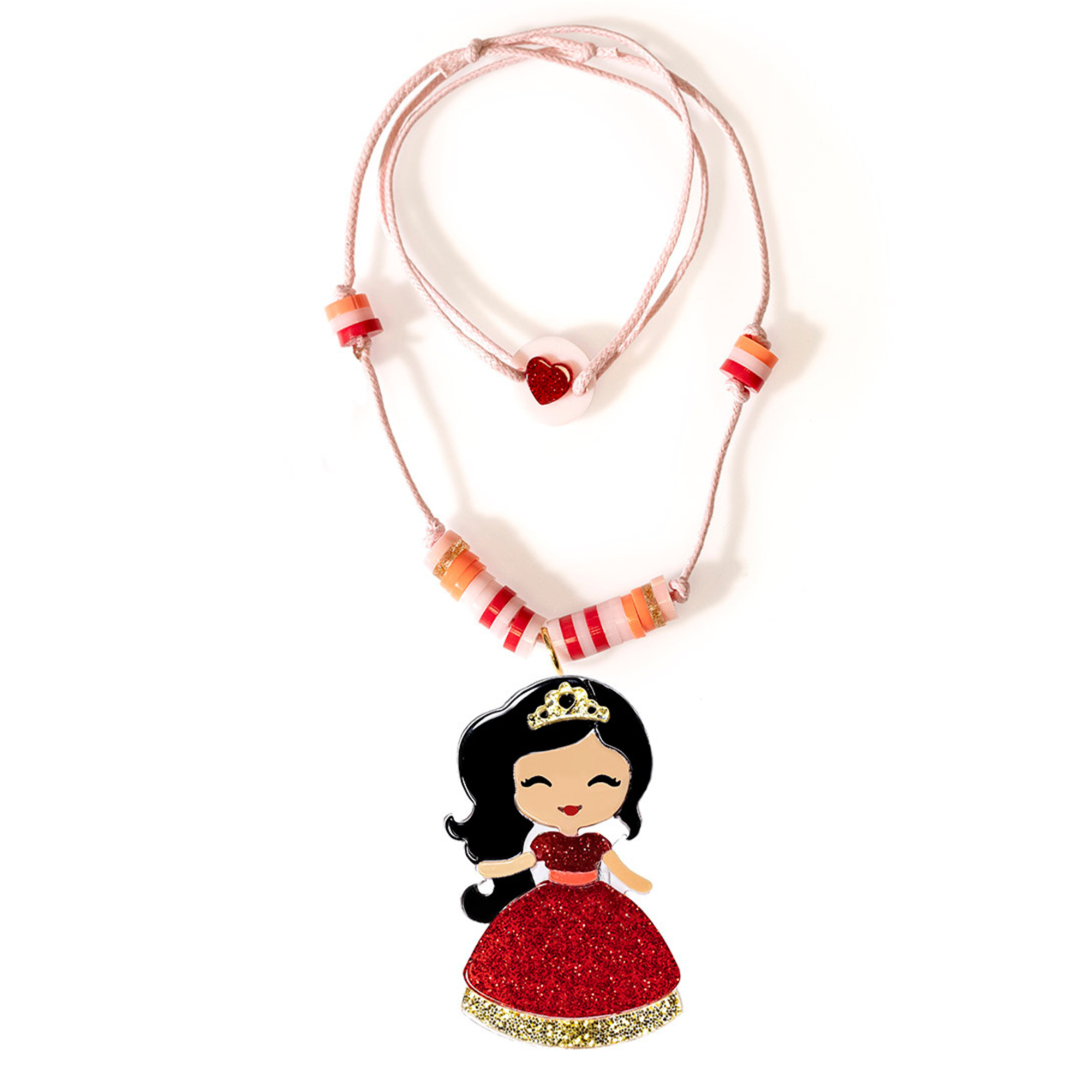 Necklace with a small doll pendant on a white background