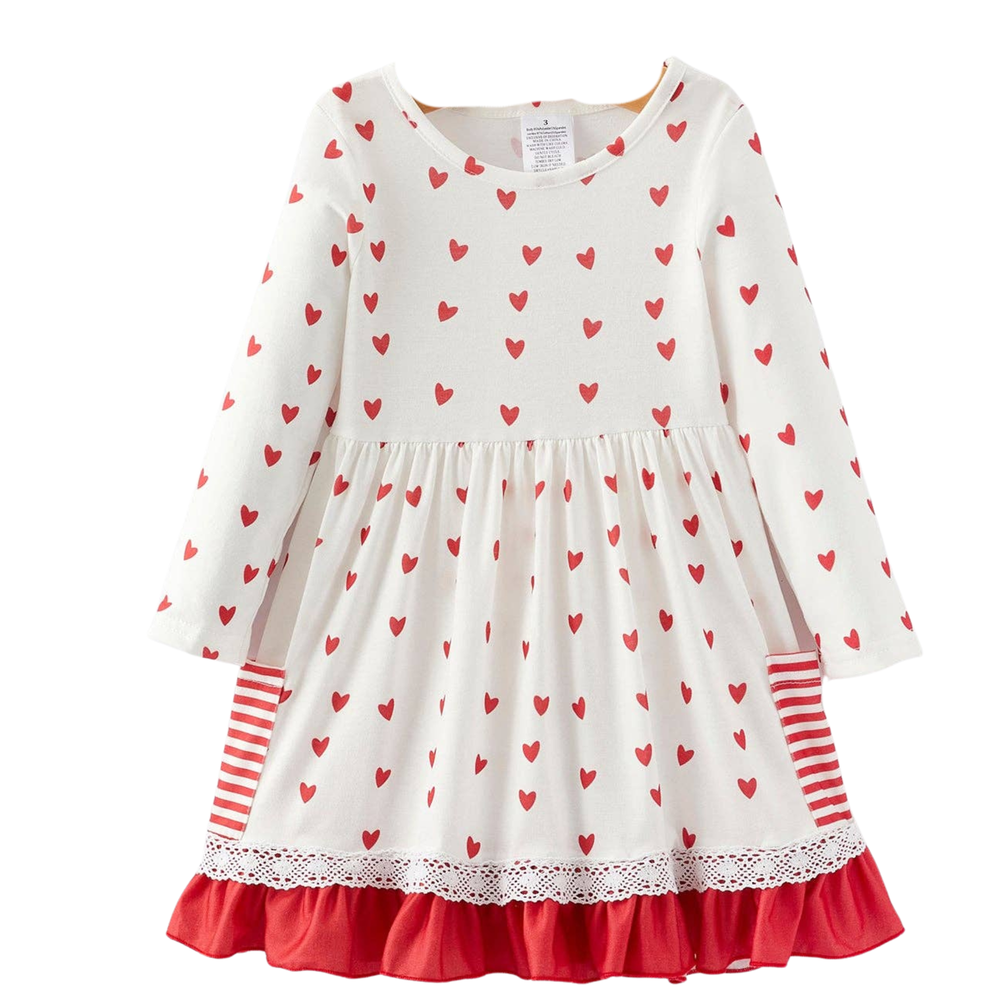 White dress with red heart patterns and red hem on a white background