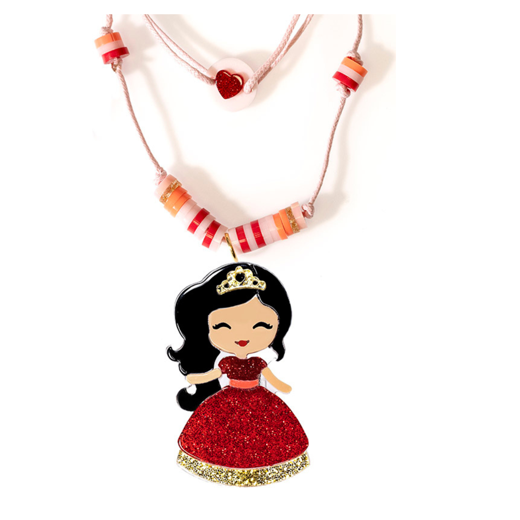 Necklace with a decorative pendant of a character in a red dress and tiara on a white background