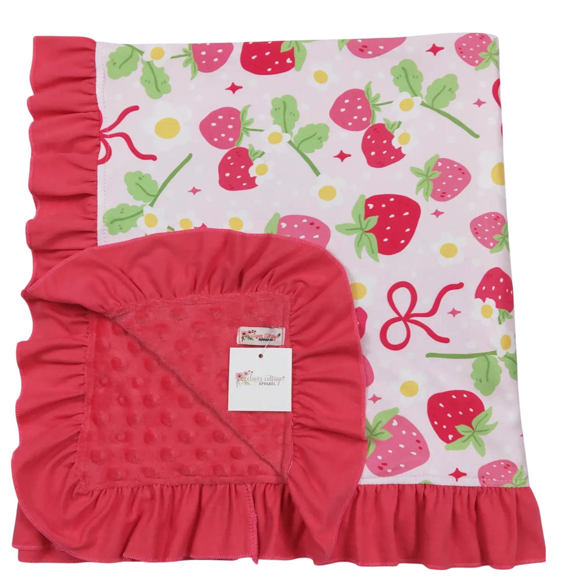 Pink baby blanket with strawberry pattern on a white background