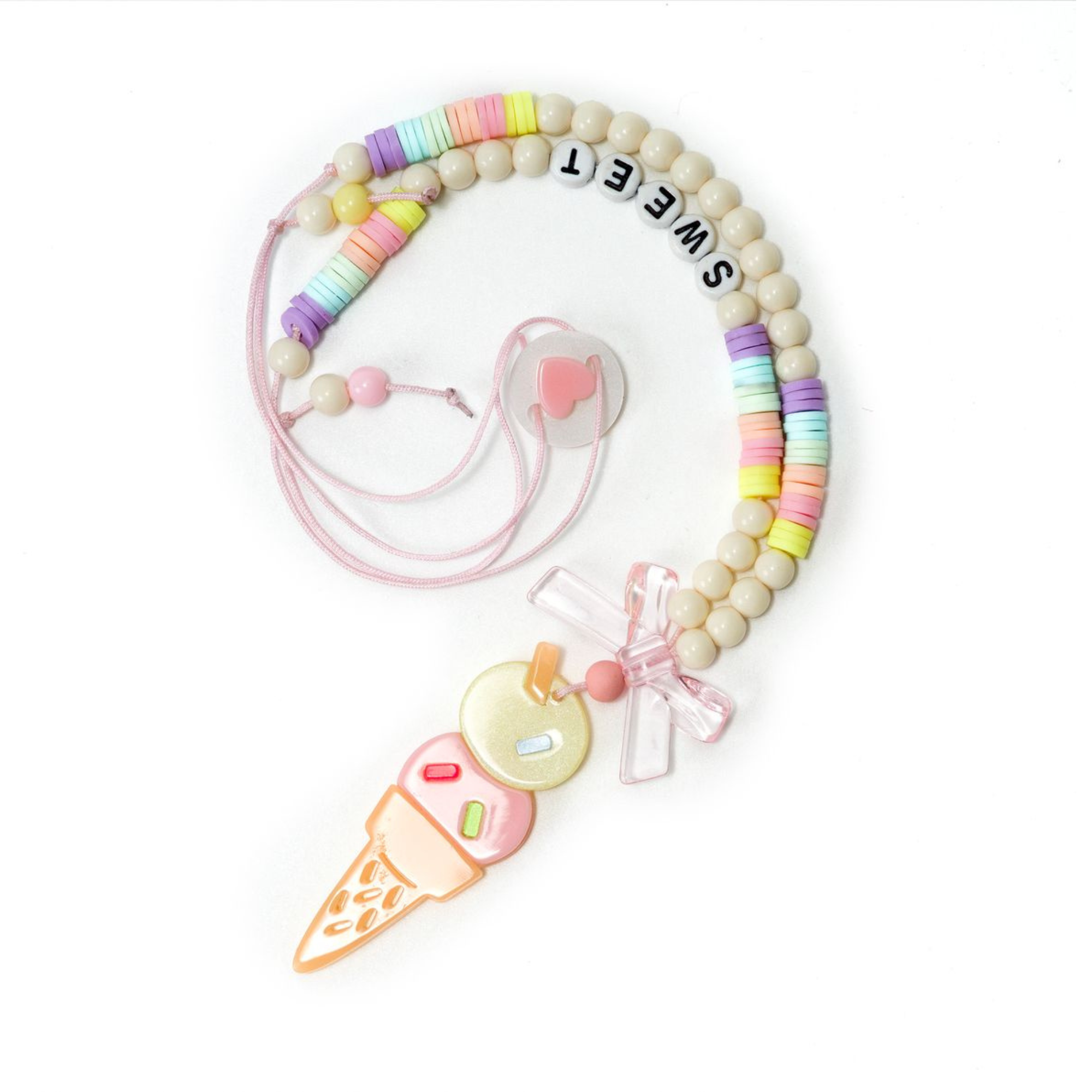 Colorful beaded lanyard with ice cream charm on a white background