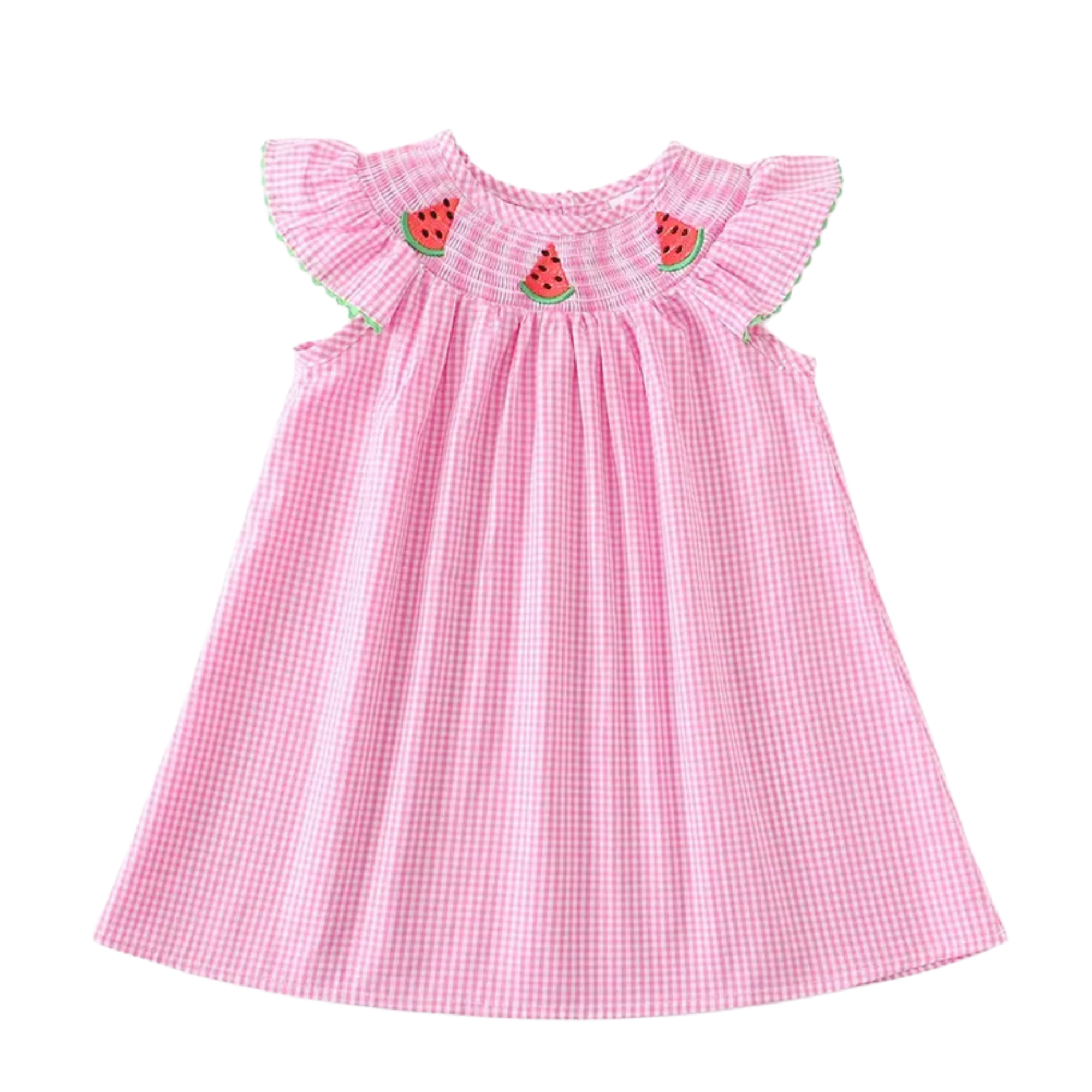 Pink checkered dress with watermelon designs on a white background